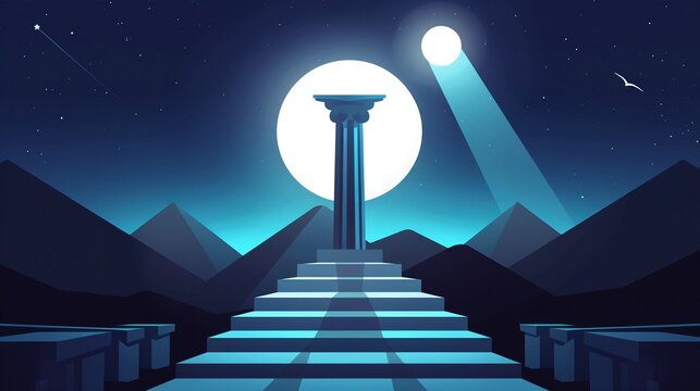 Ancient ruins glowing under a full moon, with cryptic symbols and a legendary, mystical guardian standing watch, emanating an aura of ancient power, flat design illustration