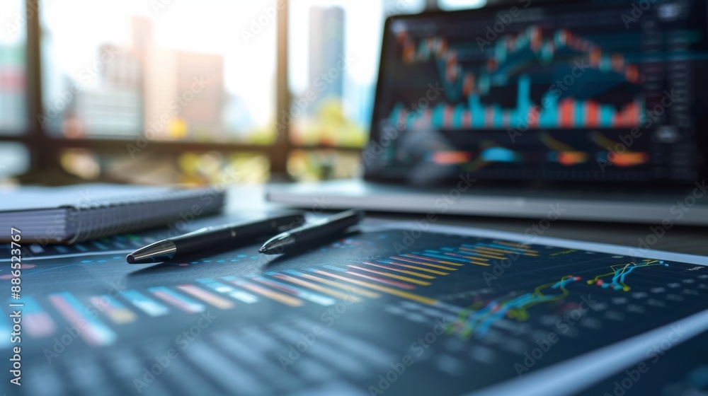 Poster a financial report with stock market graphs and charts spread out on an office desk.