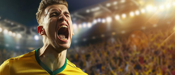 Passionate soccer player in a yellow jersey celebrating a triumph with fans roaring in the stadium.