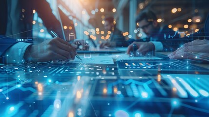 A group of engineers works together in a bright office space, using technology to analyze data and progress on a project