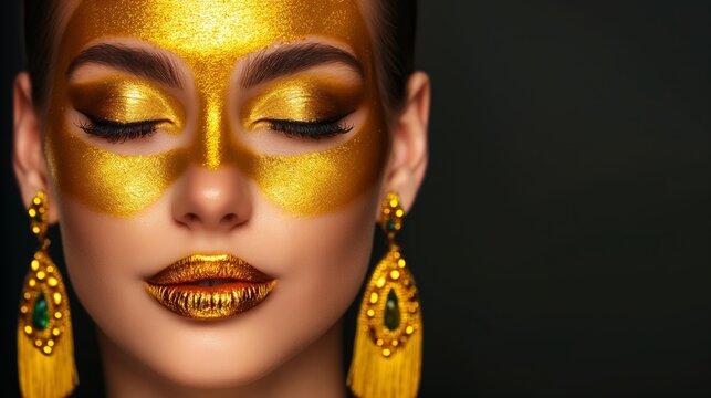 A woman with gold face paint and gold earrings. She has a gold mask on her face
