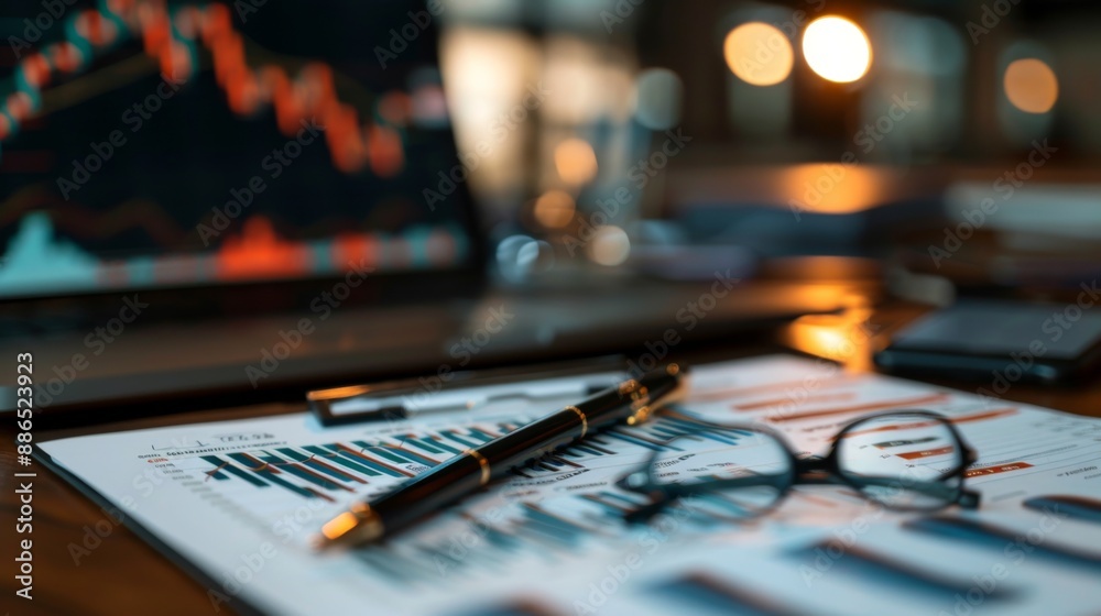 Poster A financial report with stock market graphs and charts spread out on an office desk.
