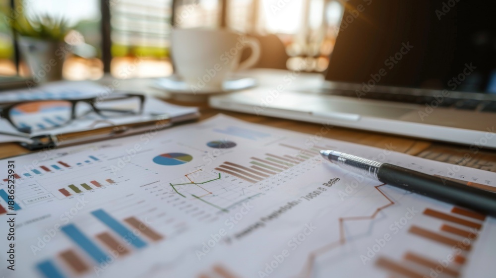 Poster a financial report with stock market graphs and charts spread out on an office desk.