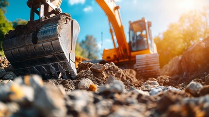 Bucket of yellow excavator work with ground closeup on sunny day