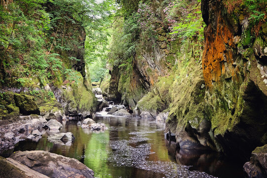 The River Conwy flows throw a steep ravine known as Fairy Glen, Betws y Coed, Snowdonia, North Wales,