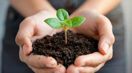 Human palms hold soil with a green small plant as a concept for business development. AI Generated