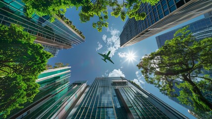 Green building concept with airplane in the sky. Environmentally friendly building. Sustainable glass office building with tree for carbon dioxide reduction. Office with green environment. Company bui