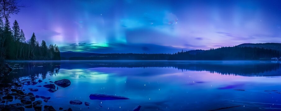 Stunning Northern Lights over a Tranquil Lake with Forest in the Background, perfect for travel blogs and nature photography