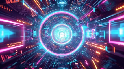 Fototapeta premium A futuristic abstract digital artwork with neon lights and geometric patterns.