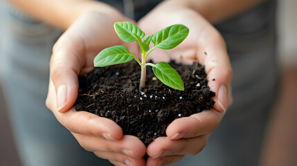 Human palms hold soil with a green small plant as a concept for business development. AI Generated