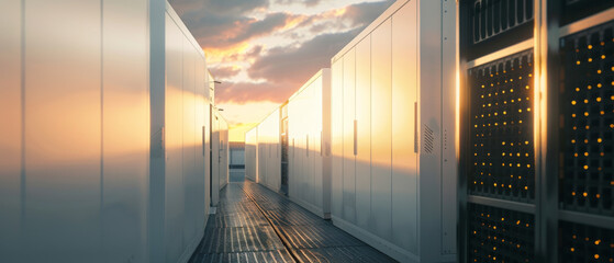 A serene view of a modern data center aisle at sunset, with the golden light warmly reflecting off the sleek white server cabinets.