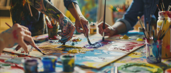 A group of artists collaborating on a colorful painting project in a lively studio filled with creative energy and vibrant hues.