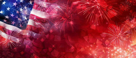 A vibrant American flag amidst a sea of red fireworks, symbolizing celebration and patriotic fervor during a festive night.