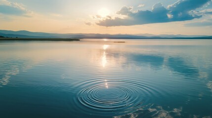 Tranquil lake at sunset with distant mountains and stone skipping waves, creating a peaceful and...