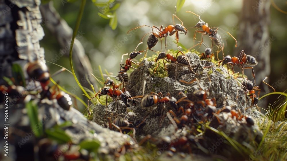 Poster A group of ants working together to build an anthill in a natural setting.