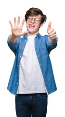 Young handsome man wearing glasses over isolated background showing and pointing up with fingers number six while smiling confident and happy.