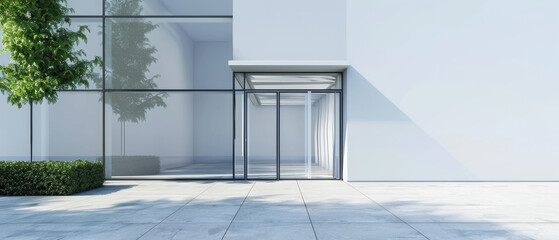 Minimalist entrance of a modern building with clean lines and large glass windows, enhanced by soft morning light.