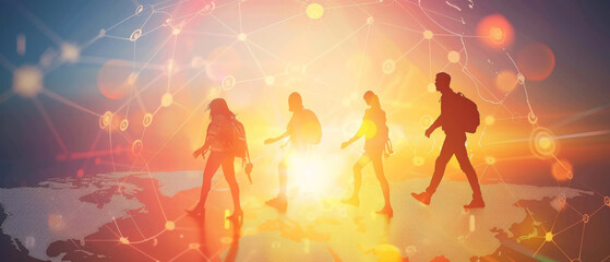 Fototapeta premium Silhouettes of students walking across the globe under a vibrant orange sky, representing global education and interconnected learning.