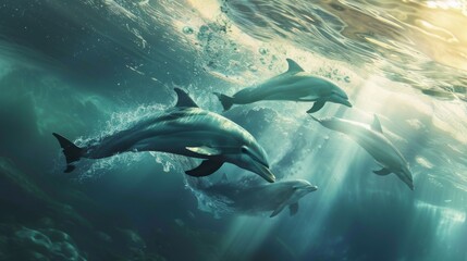 Obraz premium A group of dolphins swimming playfully underwater, framed by sunlight filtering through the waves