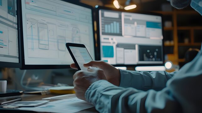 Close up ux developer and ui designer use augmented reality brainstorming about mobile app interface wireframe design on desk at modern office.Creative digital development agency