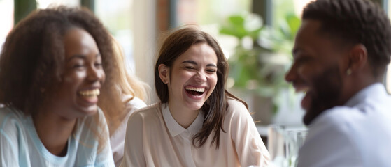 Three friends are sharing a hearty laugh together, sitting indoors with a cozy ambiance and bright natural light.