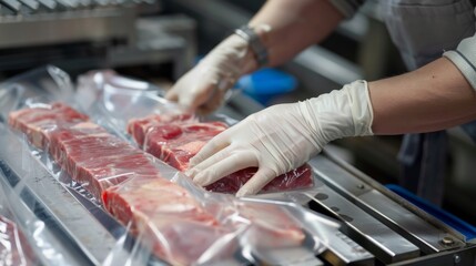 The hands of a meat factory worker pack the meat into the plastic foil on the machine