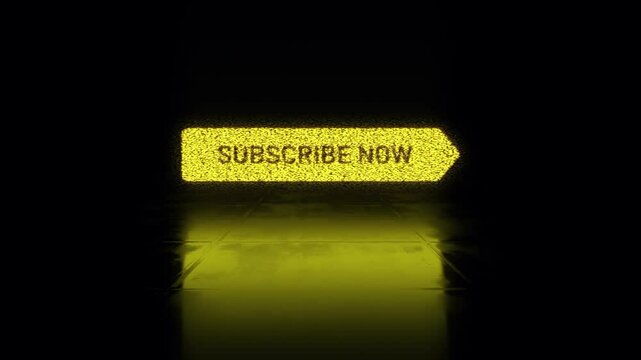 Animation text of Subscribe Now neon gold glittering glitch text effect cinematic title on black abstract backgroud. 