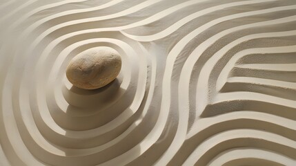 Zen garden, raked sand patterns, single smooth pebble, top-down view, circular ripples, minimalist design, soft diffused lighting, beige tones, meditative atmosphere, high detail texture of sand.