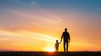 Fototapeta premium Silhouette of father and child holding hands at sunset, symbolizing love, warmth, and family bond.