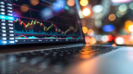 A laptop screen showing a detailed stock market graph with colorful indicators and lines.