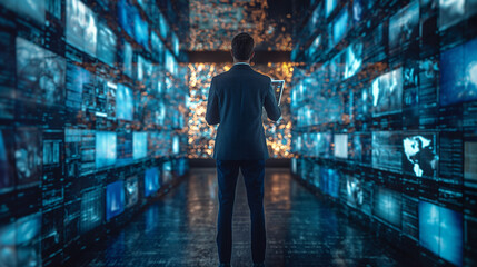 real-time data analysis in action as a merchant utilizes a tablet alongside a holographic screen, showcasing the seamless integration and convenience of leveraging AI technology for business insights.