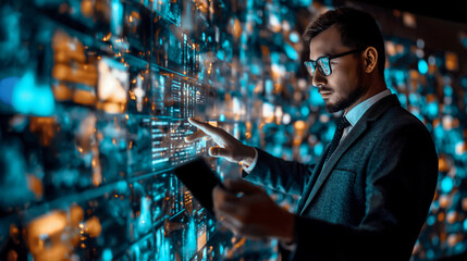 real-time data analysis in action as a merchant utilizes a tablet alongside a holographic screen, showcasing the seamless integration and convenience of leveraging AI technology for business insights.