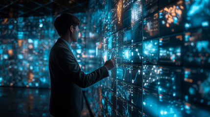 merchants interact next to holographic screens，showcasing the seamless integration and convenience of leveraging AI technology for business insights.