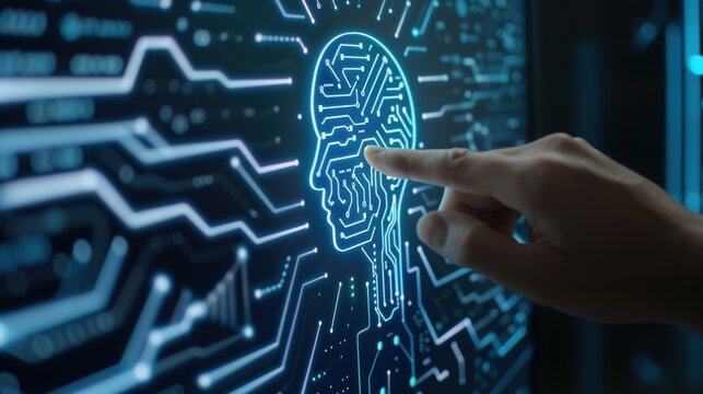Close-up of a hand interacting with a digital brain interface, symbolizing artificial intelligence and modern technology innovation.