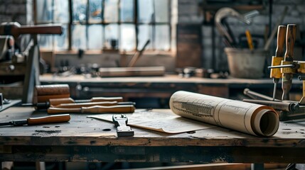 A table with tools and a blueprint. The tools include a pair of scissors, a hammer, and a screwdriver. The blueprint is a drawing of a building. Scene is that of a construction site or workshop