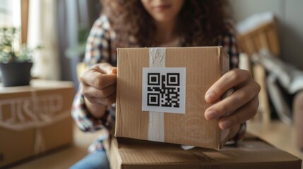 Woman online shopper attaches a qr code label to a cardboard parcel