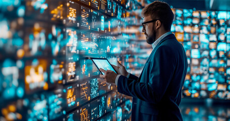 real-time data analysis in action as a merchant utilizes a tablet alongside a holographic screen, showcasing the seamless integration and convenience of leveraging AI technology for business insights.