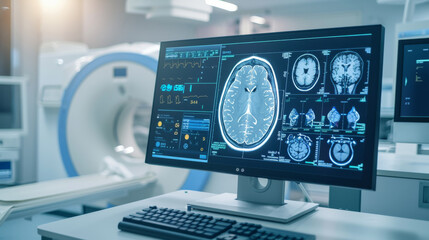 A computer screen displays detailed brain scan images in a high-tech medical examination room equipped with advanced MRI machinery.