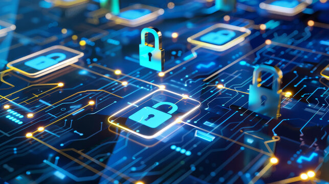 A futuristic digital lock symbol with various padlocks and cyber elements, emphasizing the importance of secure data networks.