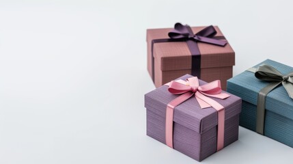 Obraz premium Elegant pastel-hued gift boxes with ribbons on minimalist background, perfect for celebrations, birthdays, or any special occasion.