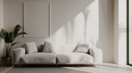 A minimalist living room infused with sunlight, featuring sleek white furniture, a large green plant, and shadows creating an interplay of light and form.