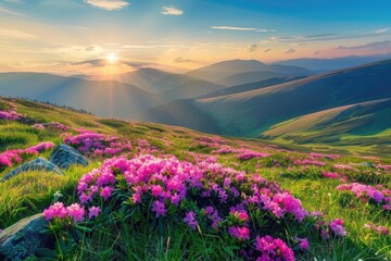 Fototapeta premium Pink Flowers Blooming in the Mountains at Sunset