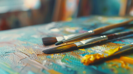 Fototapeta premium A collection of paintbrushes resting on a vibrant, textured canvas, capturing the essence of artistic creativity and the beauty of painting.