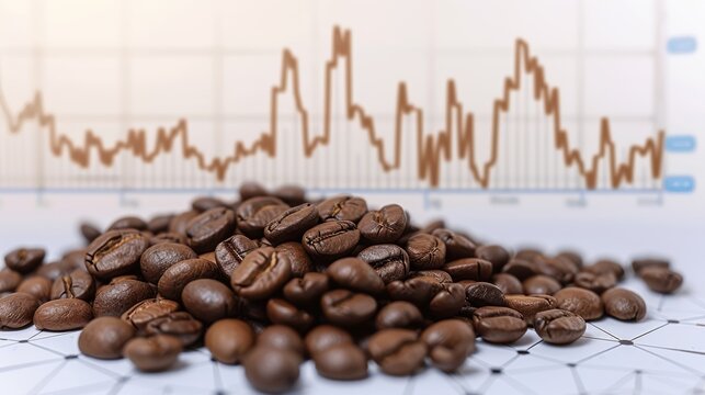 Heap of coffee beans in front of a financial chart representing the economic trends in the coffee market.