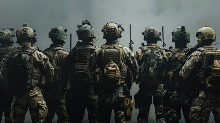 Fototapeta premium Soldiers in uniform stand in formation with their backs to the camera, their gear and weapons on display, prepared for action amidst a foggy, greenish backdrop.