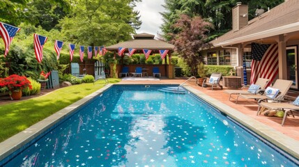 A backyard pool decorated with American flag bunting for a festive celebration. The pool area is complemented by lawn chairs and a gazebo, set against a backdrop of lush greenery