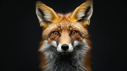 Close-up portrait of a red fox with intense gaze, detailed fur and whiskers, dark background, focused and captivating expression, horizontal image, wildlife scene, defocus