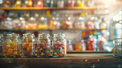 Fototapeta premium A classic candy store shelf filled with an array of colorful sweets contained in glass jars, bathed in soft sunlight.