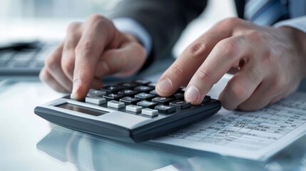 A businessman using a handheld calculator to tally up expenses and profits on a ledger