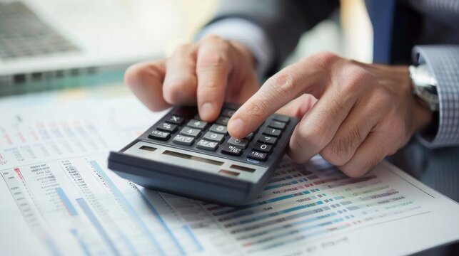 A businessman using a handheld calculator to tally up expenses and profits on a ledger